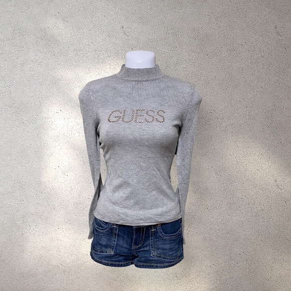 Guess Grey Long Sleeves Top w/ Rhinestoned Logo - Picture 1 of 3
